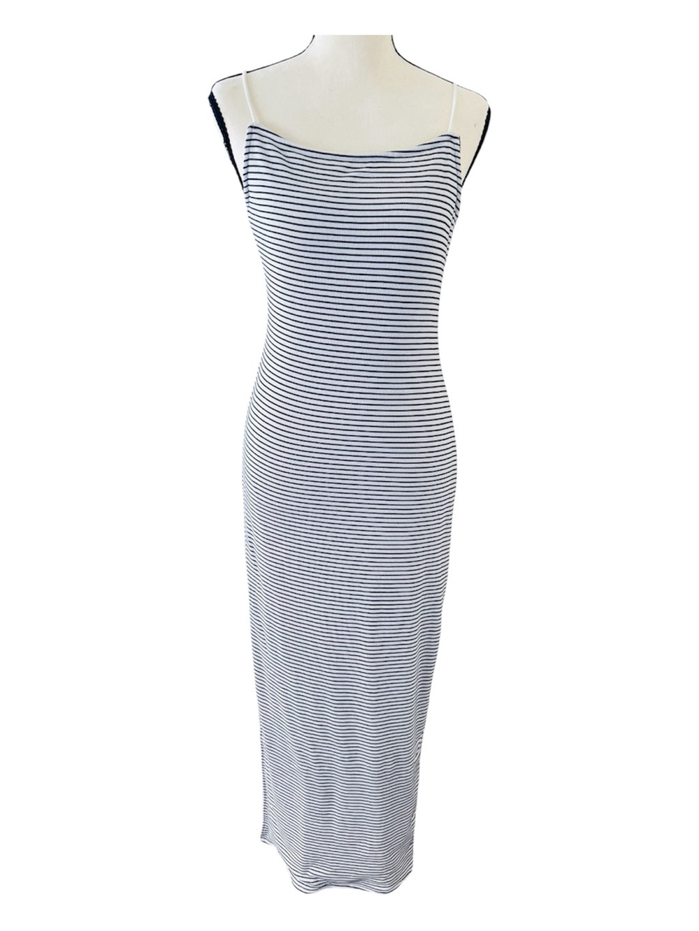 Women’s  Maxi Dress White With Black Stripe Spaghetti Straps Side Slit Size L